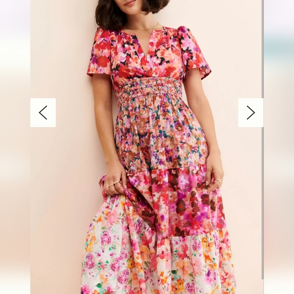 Anthropologie Kachel Mixed Floral Print Long Dress Pink & Red Tiered Cotton, XL - Picture 3 of 4